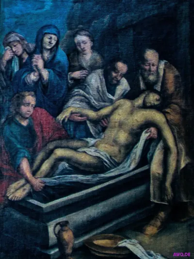 Dunkles Gemälde der Grablegung: der Leichnam Jesu wird in den Sarkophag gelegt