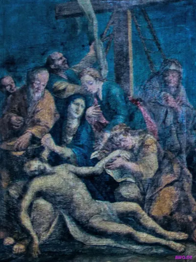 Gemälde der Kreuzabnahme: der Leichnam Jesu wird von Trauernden aufgefangen