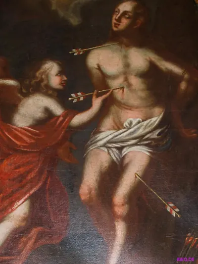 Gemälde des heiligen Sebastian, von Pfeilen durchbohrt, ein Engel zieht einen Pfeil heraus