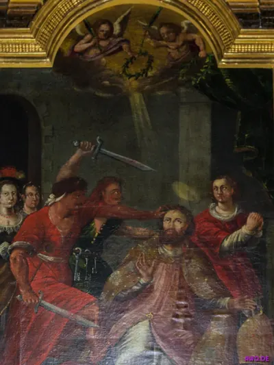Barockgemälde einer Hinrichtung: ein Henker holt mit dem Schwert über einem knienden Mann aus