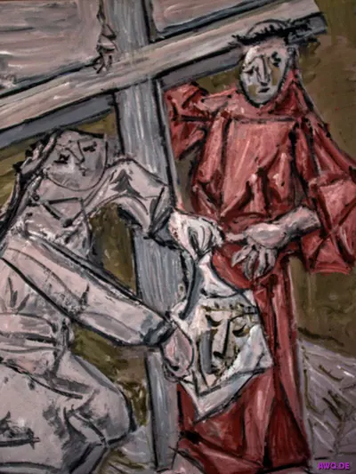 Expressionistisches Kreuzwegbild: eine kniende Gestalt hält ein Tuch mit dem Abbild eines Gesichts empor, daneben Jesus mit Dornenkrone in Rot