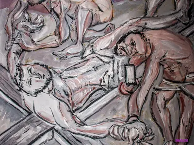 Expressionistisches Gemälde: Männer nageln den am Boden liegenden Jesus ans Kreuz
