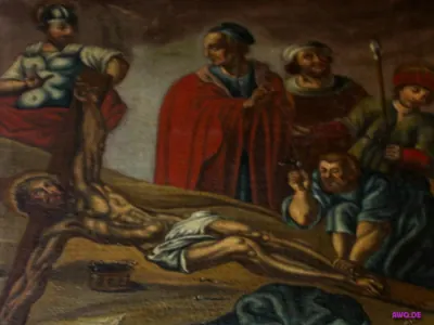 Gemälde: Jesus wird am Boden ans Kreuz genagelt, Soldaten und Zuschauer stehen dabei