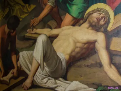Gemäldeausschnitt: der am Boden liegende Jesus wird ans Kreuz genagelt