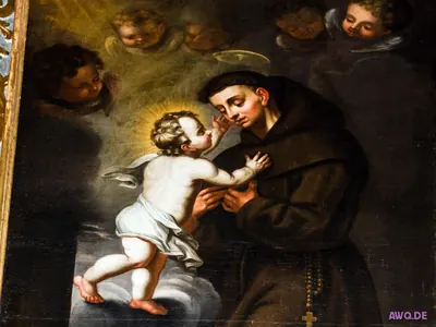 Gemälde: das Jesuskind berührt das Gesicht des heiligen Antonius, umgeben von Engelsköpfen