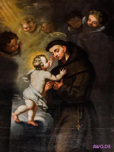 Gemälde des heiligen Antonius mit dem Jesuskind auf einer Wolke, umgeben von Engelsköpfen