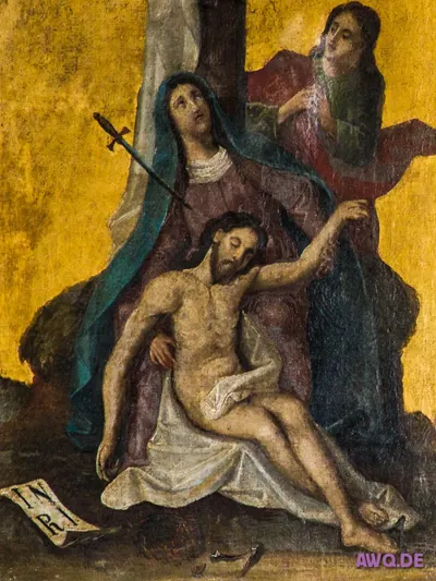Gemälde auf Goldgrund: Maria mit einem Schwert in der Brust hält den toten Jesus