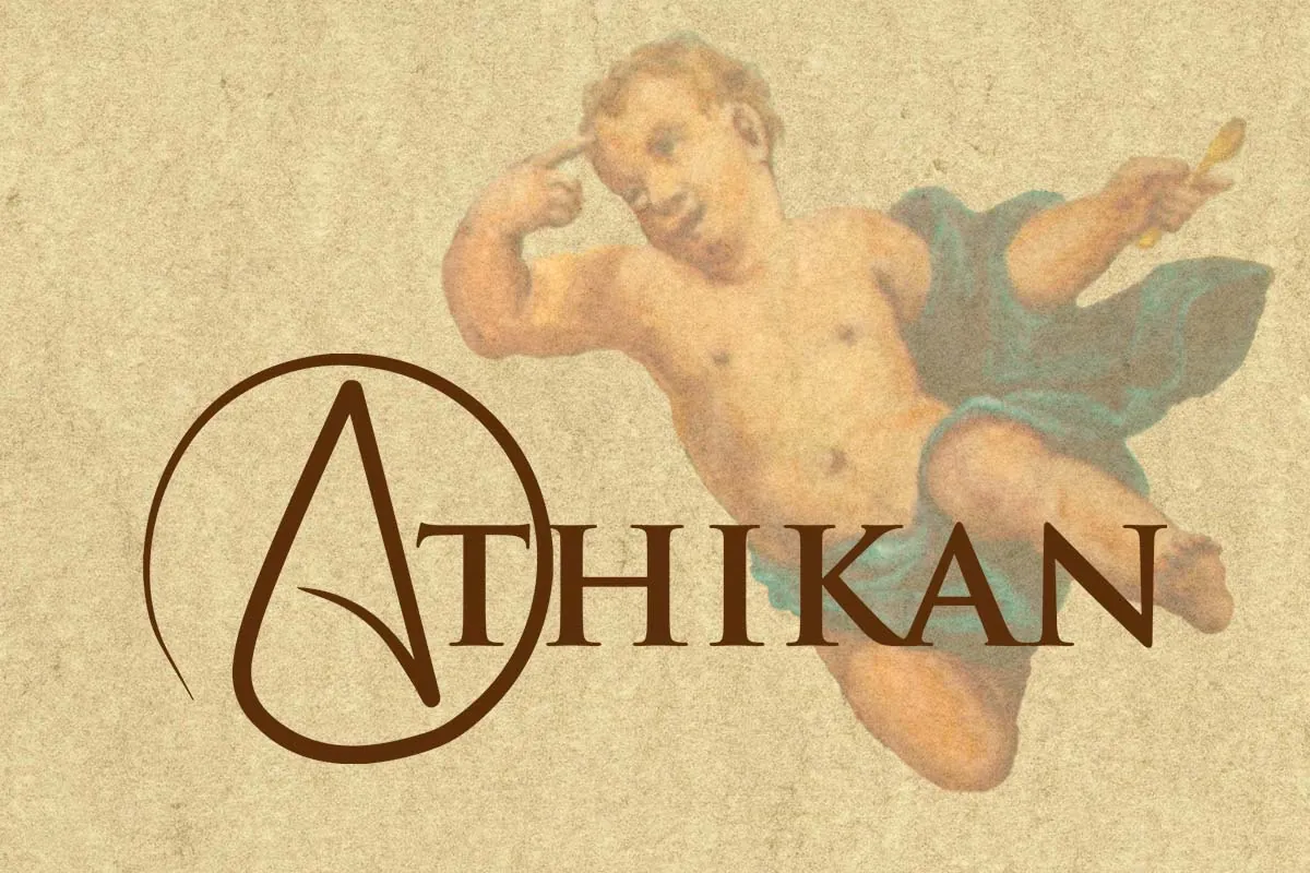 Schriftzug ATHIKAN vor einem barocken Deckenfresko mit einem Engel